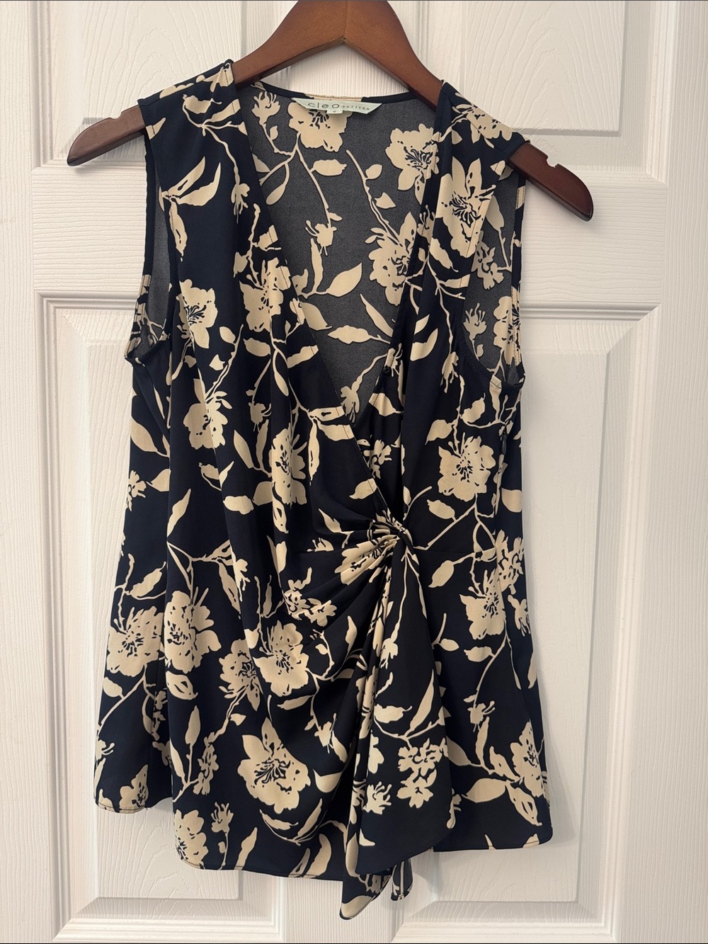 Cleo Petites Black and Cream Floral Wrap-Style Sleeveless Top